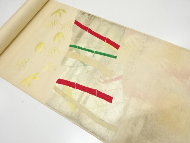 アンティーク　引箔　竹笹模様織り出し　名古屋帯地反物